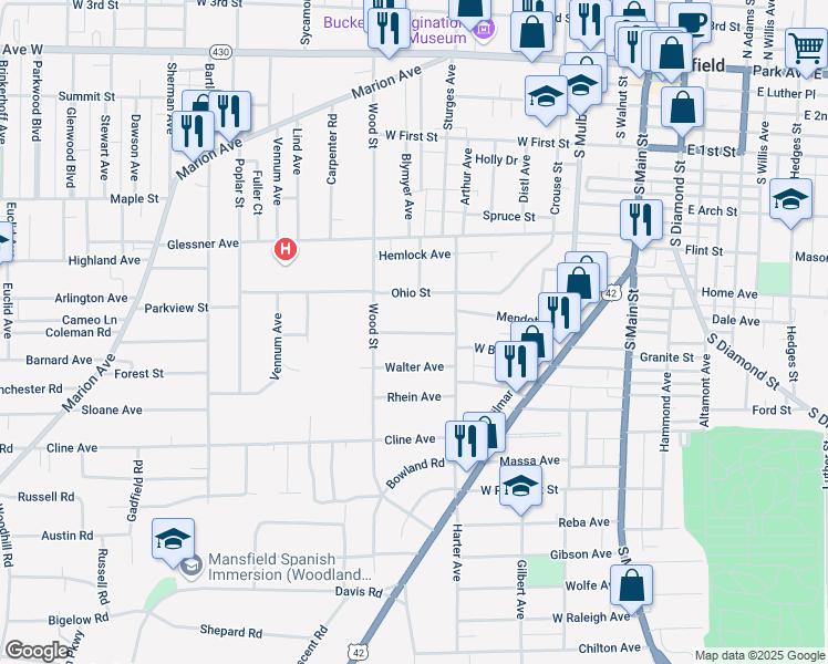 map of restaurants, bars, coffee shops, grocery stores, and more near 213 Richland Avenue in Mansfield