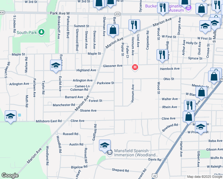 map of restaurants, bars, coffee shops, grocery stores, and more near 455 Woodward Avenue in Mansfield