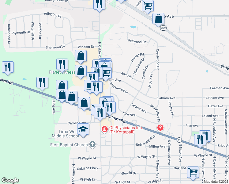 map of restaurants, bars, coffee shops, grocery stores, and more near 1917 Rice Avenue in Lima