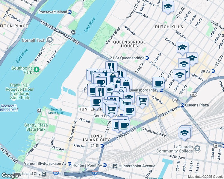 map of restaurants, bars, coffee shops, grocery stores, and more near 12-12 43rd Avenue in Queens