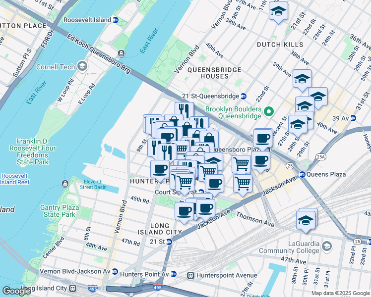 map of restaurants, bars, coffee shops, grocery stores, and more near 12-12 43rd Avenue in Queens