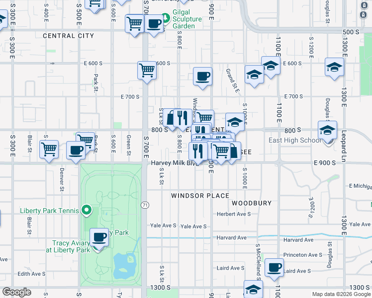 map of restaurants, bars, coffee shops, grocery stores, and more near 847 South 800 East in Salt Lake City