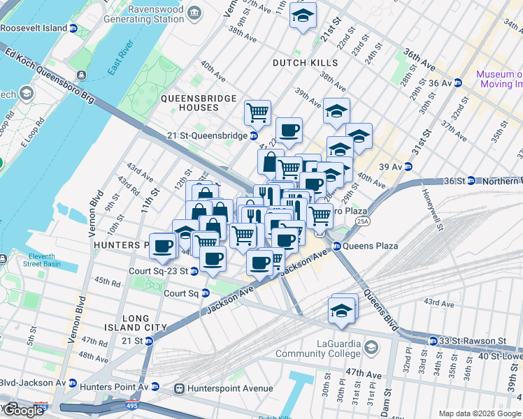 map of restaurants, bars, coffee shops, grocery stores, and more near 23-01 42nd Road in Queens