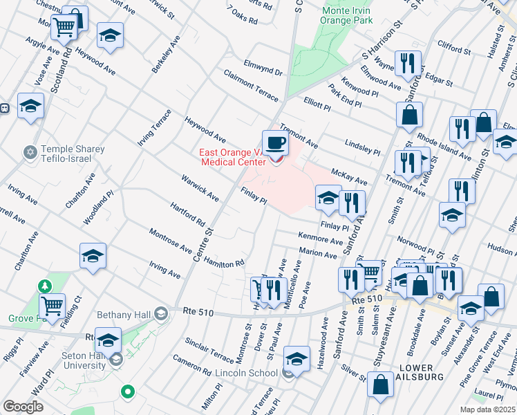 map of restaurants, bars, coffee shops, grocery stores, and more near 658 Hamilton Road in South Orange