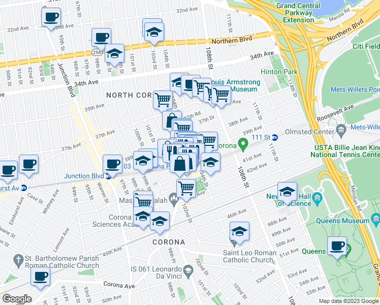 map of restaurants, bars, coffee shops, grocery stores, and more near 103-18 39th Avenue in Queens