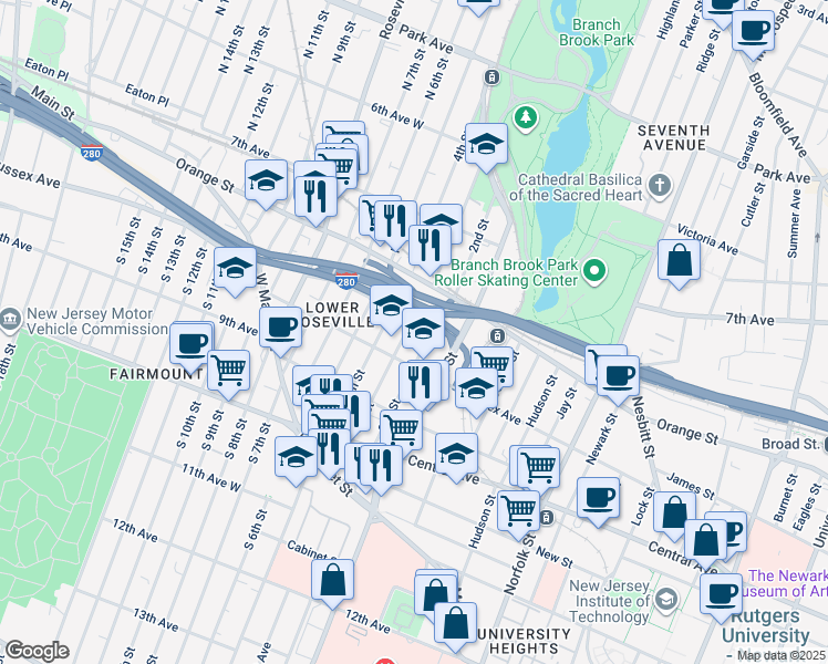 map of restaurants, bars, coffee shops, grocery stores, and more near 87 3rd Street in Newark
