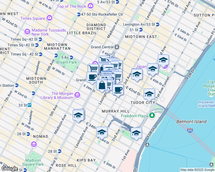 map of restaurants, bars, coffee shops, grocery stores, and more near 370 Lexington Avenue in New York