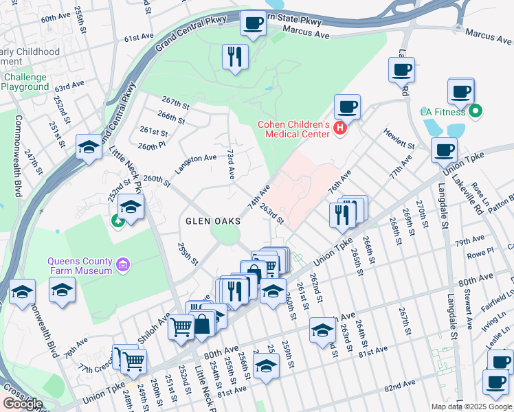map of restaurants, bars, coffee shops, grocery stores, and more near 74-22 263rd Street in Queens