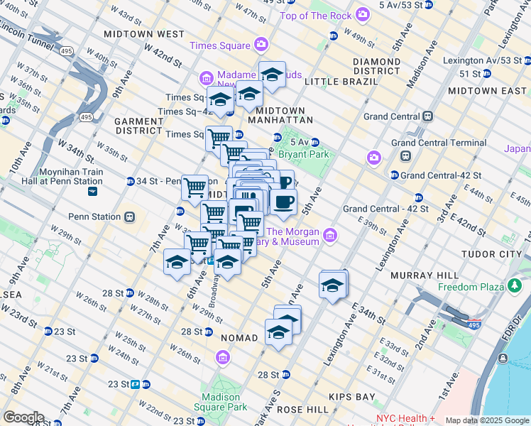 map of restaurants, bars, coffee shops, grocery stores, and more near 60 West 36th Street in New York