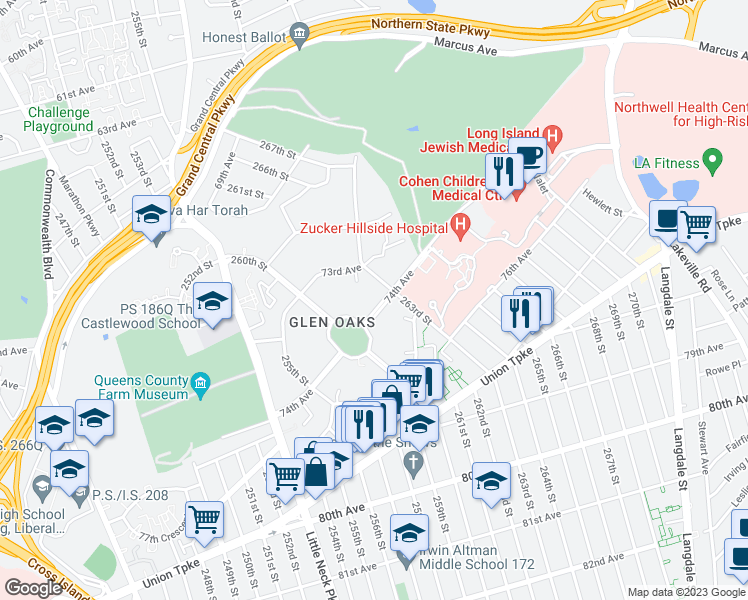 map of restaurants, bars, coffee shops, grocery stores, and more near 260-33 74th Avenue in Queens