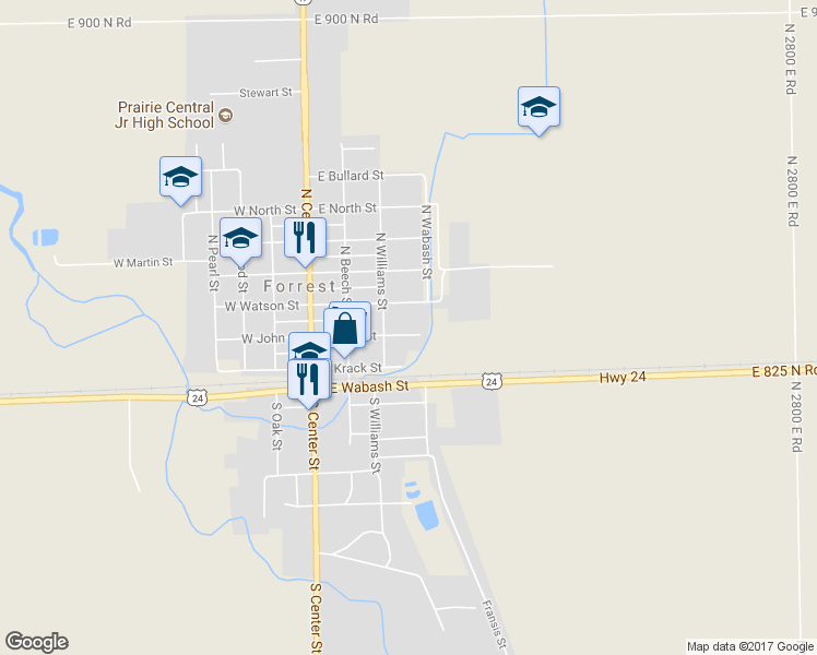 map of restaurants, bars, coffee shops, grocery stores, and more near 319 East John Street in Forrest