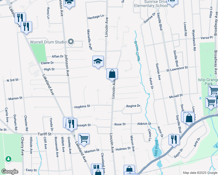 map of restaurants, bars, coffee shops, grocery stores, and more near 364 Lincoln Avenue in Sayville