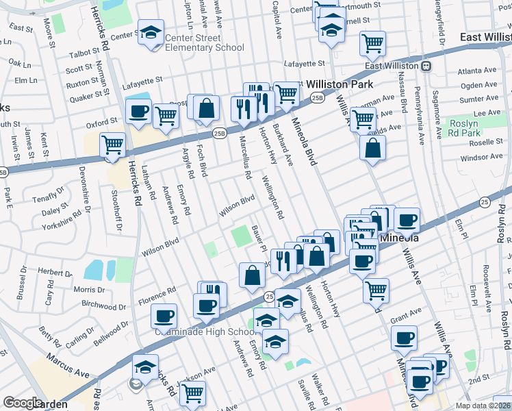 map of restaurants, bars, coffee shops, grocery stores, and more near 421 Marcellus Road in Mineola