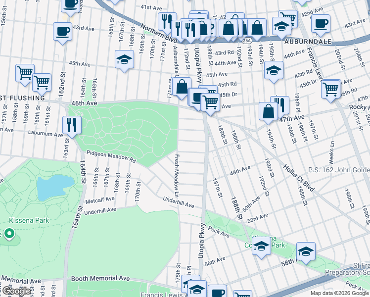 map of restaurants, bars, coffee shops, grocery stores, and more near 173-15 47th Avenue in Queens
