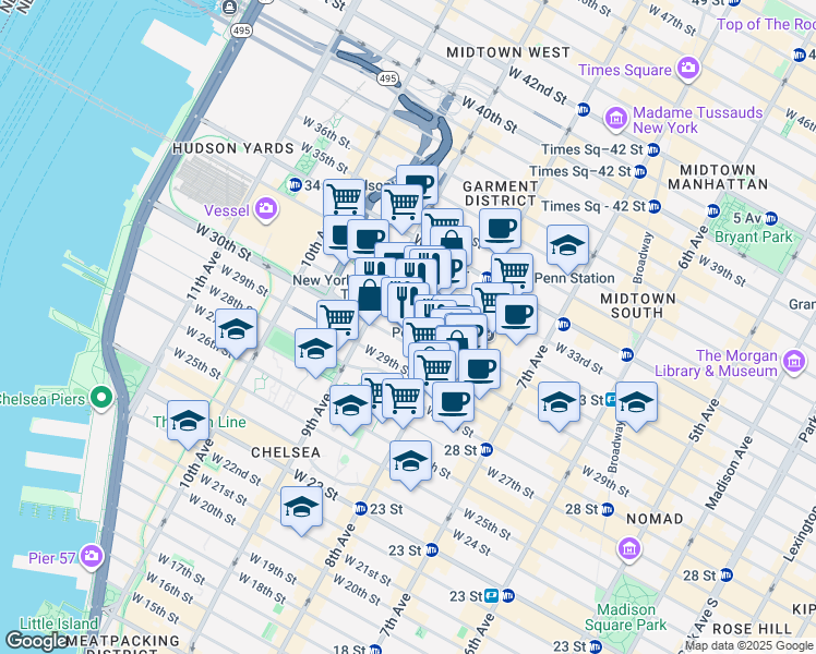 map of restaurants, bars, coffee shops, grocery stores, and more near 340 West 31st Street in New York