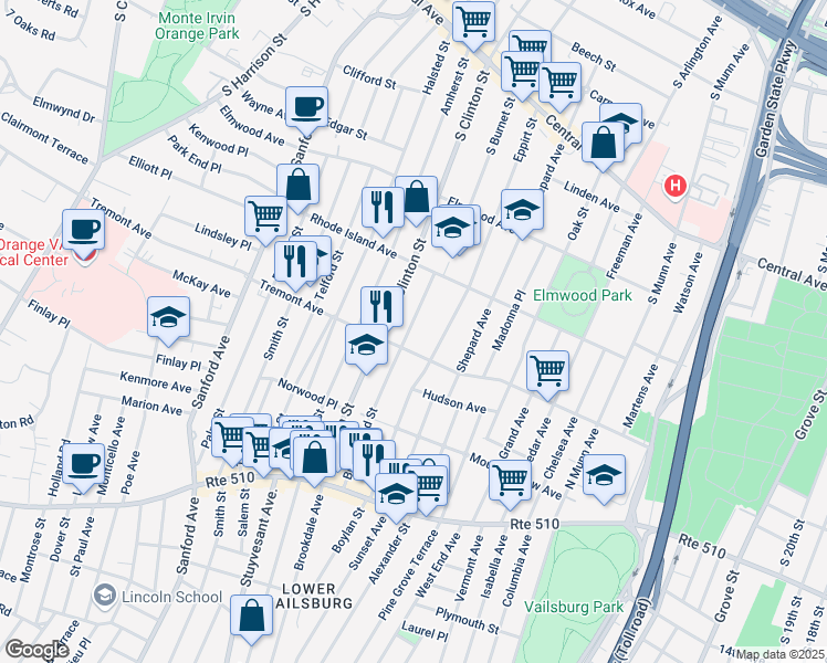 map of restaurants, bars, coffee shops, grocery stores, and more near 217 Eppirt Street in East Orange