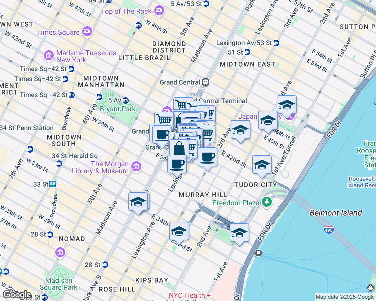 map of restaurants, bars, coffee shops, grocery stores, and more near 360 Lexington Avenue in New York