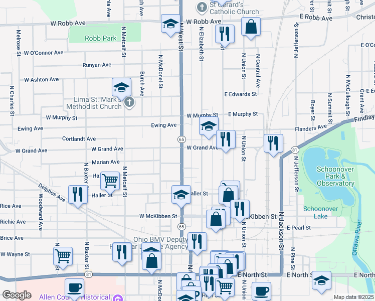 map of restaurants, bars, coffee shops, grocery stores, and more near 225 West Grand Avenue in Lima