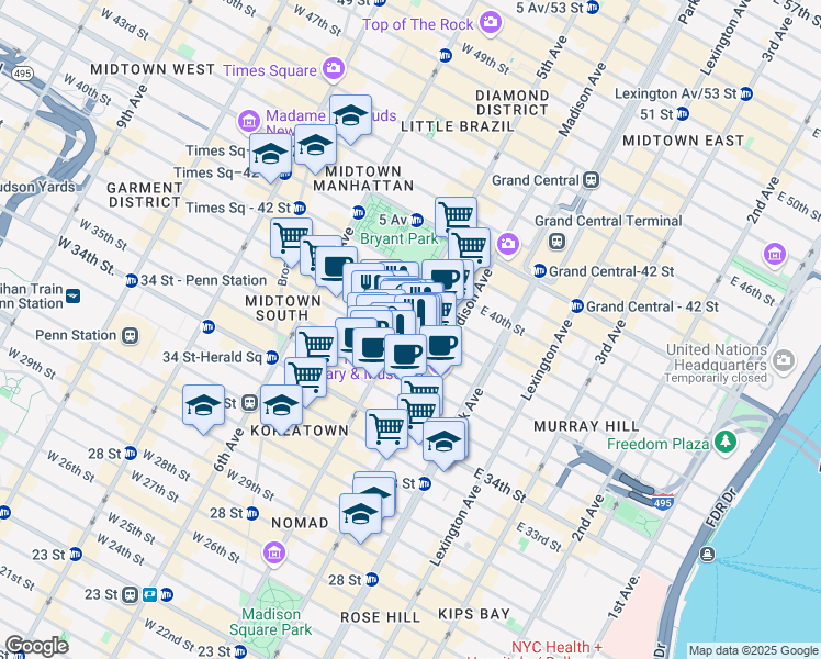 map of restaurants, bars, coffee shops, grocery stores, and more near 417 5th Avenue in New York