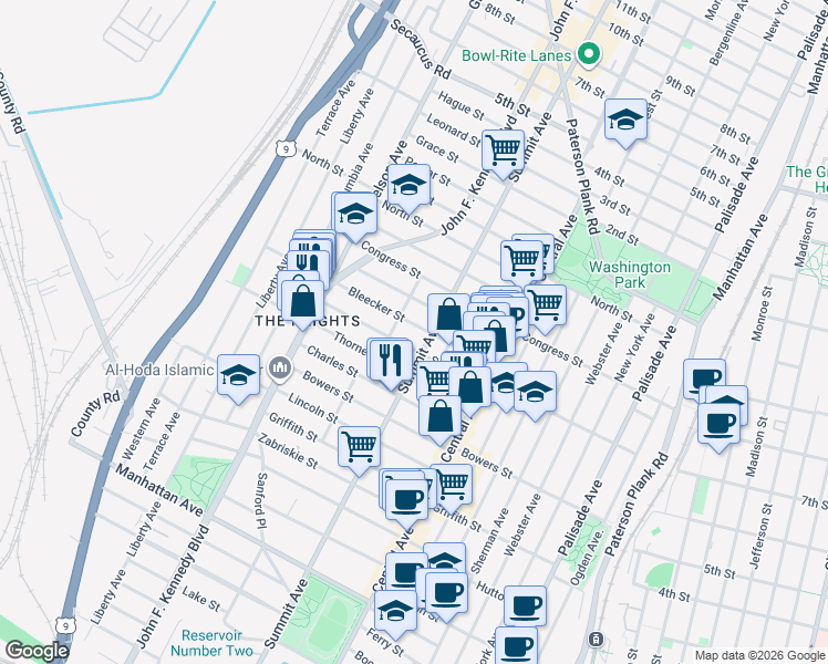 map of restaurants, bars, coffee shops, grocery stores, and more near 186-188 South Street in Jersey City