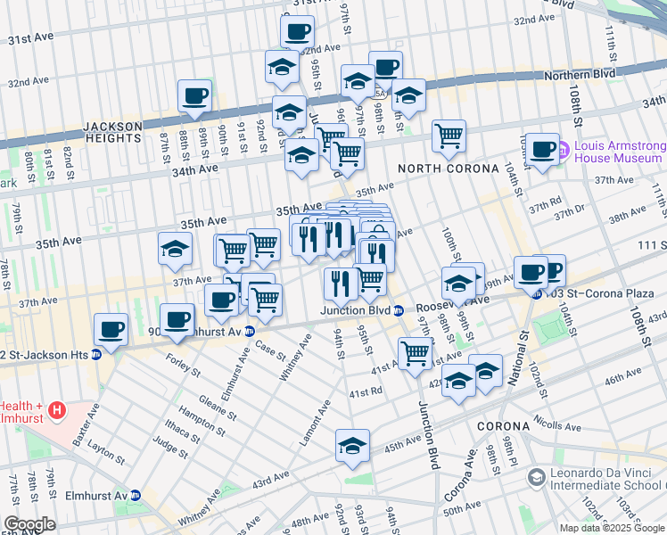 map of restaurants, bars, coffee shops, grocery stores, and more near 37-10 95th Street in Queens