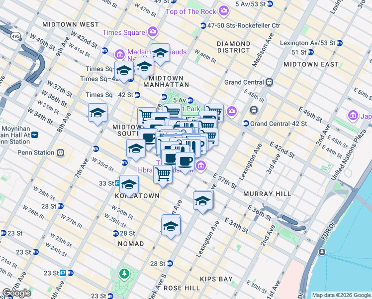 map of restaurants, bars, coffee shops, grocery stores, and more near 417 5th Avenue in New York