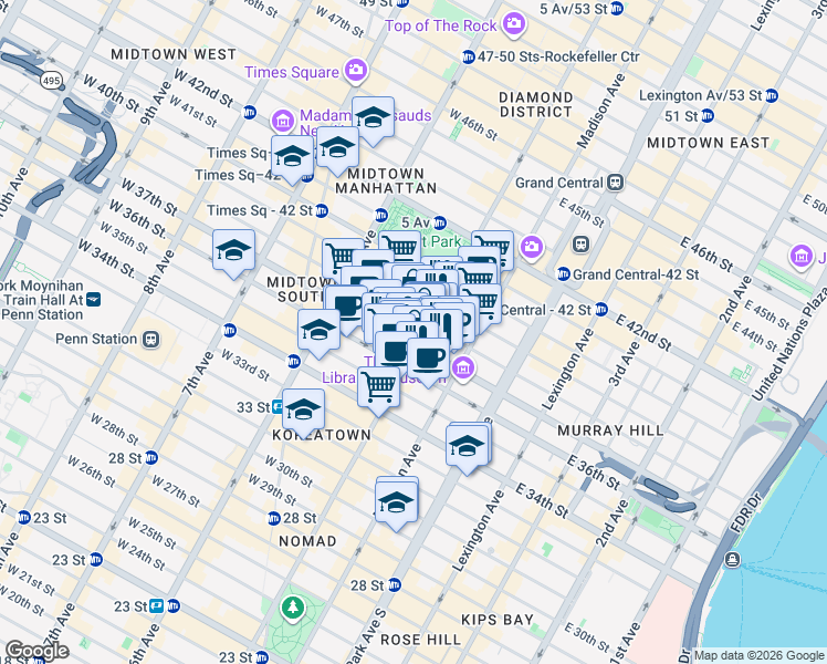 map of restaurants, bars, coffee shops, grocery stores, and more near 420 5th Avenue in New York