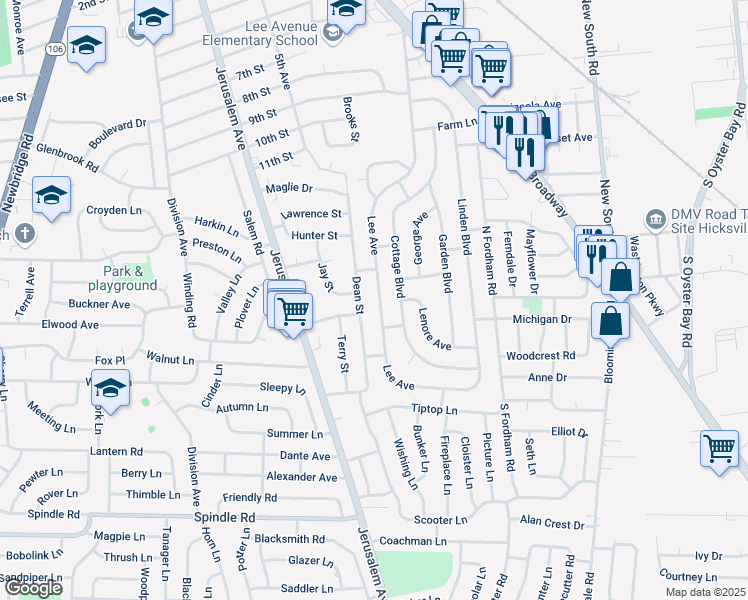 map of restaurants, bars, coffee shops, grocery stores, and more near 189 Lee Avenue in Hicksville
