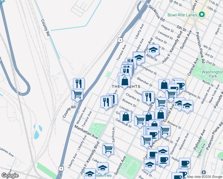 map of restaurants, bars, coffee shops, grocery stores, and more near 403 County Road 647 in Jersey City