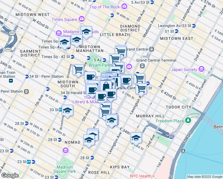 map of restaurants, bars, coffee shops, grocery stores, and more near 19 East 38th Street in New York