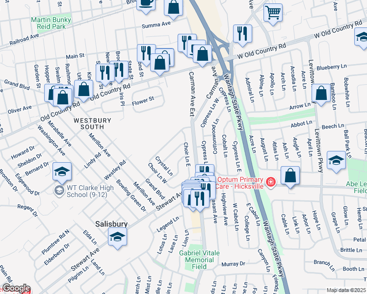 map of restaurants, bars, coffee shops, grocery stores, and more near 26 Cameo Lane in Westbury