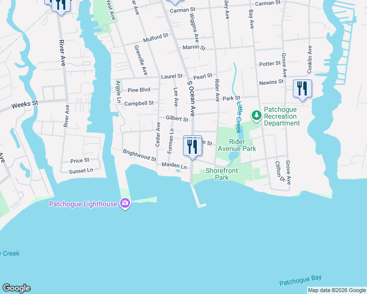 map of restaurants, bars, coffee shops, grocery stores, and more near Emily Drive in Patchogue