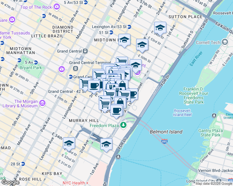 map of restaurants, bars, coffee shops, grocery stores, and more near 303 East 43rd Street in New York