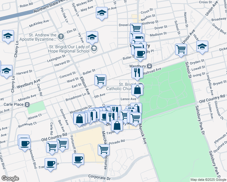 map of restaurants, bars, coffee shops, grocery stores, and more near 73 5th Avenue in Westbury