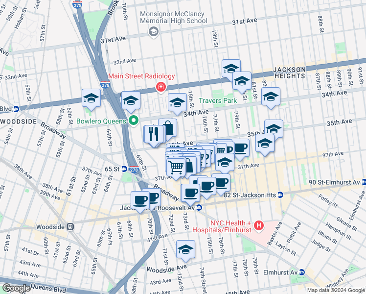 map of restaurants, bars, coffee shops, grocery stores, and more near 73-12 35th Avenue in Queens