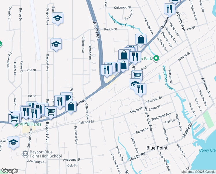 map of restaurants, bars, coffee shops, grocery stores, and more near 159 Northwood Court in Bayport