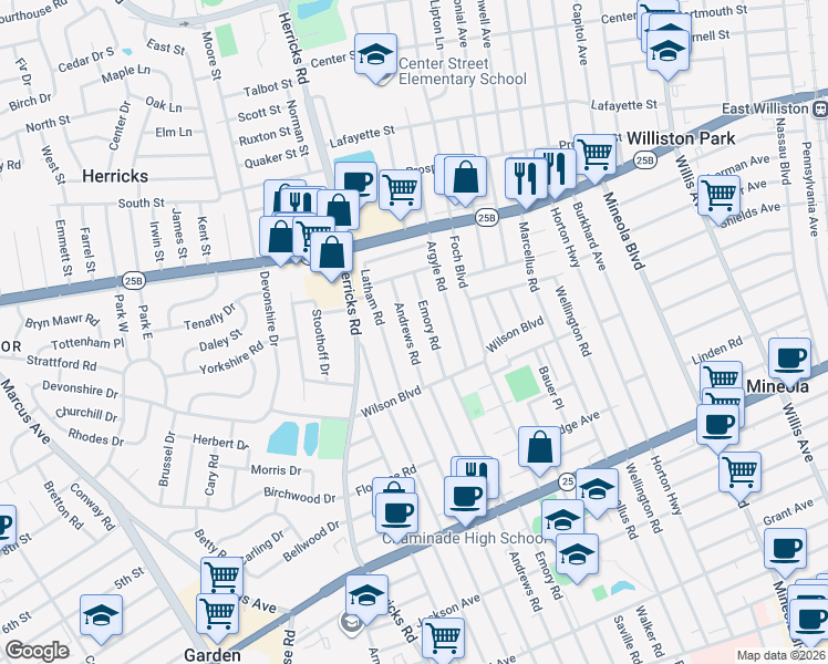 map of restaurants, bars, coffee shops, grocery stores, and more near 435 Emory Road in Mineola
