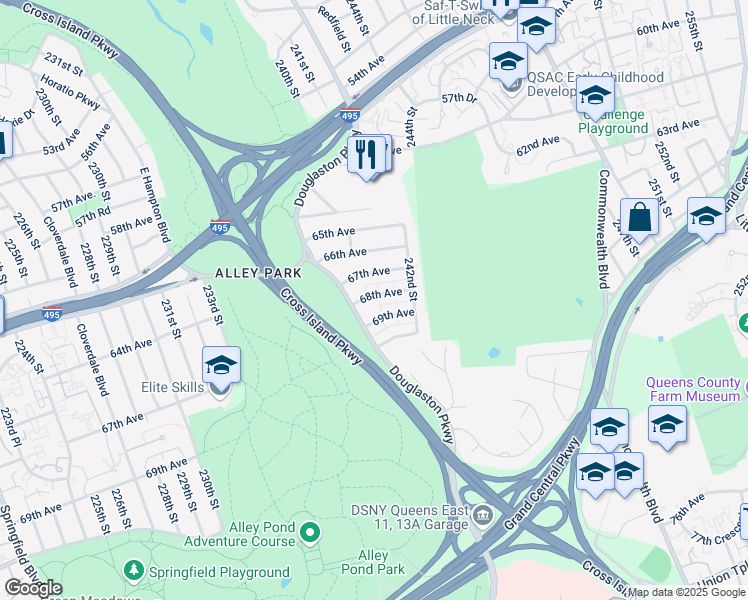map of restaurants, bars, coffee shops, grocery stores, and more near 240-18 68th Avenue in Queens