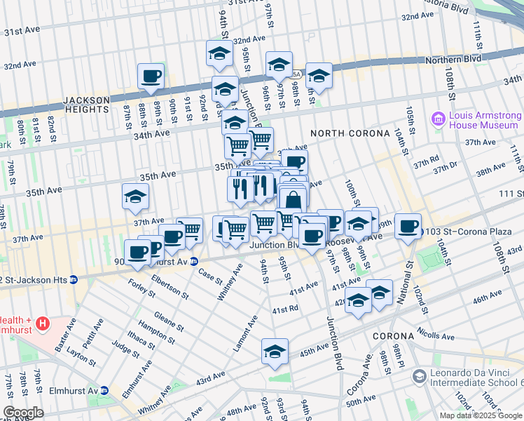 map of restaurants, bars, coffee shops, grocery stores, and more near 37-21 95th Street in Queens