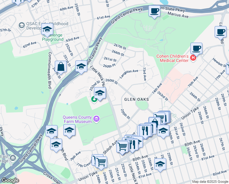 map of restaurants, bars, coffee shops, grocery stores, and more near 255-17 73rd Avenue in Queens