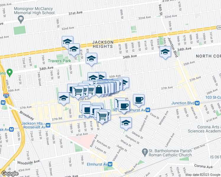 map of restaurants, bars, coffee shops, grocery stores, and more near 35-59 84th Street in Queens