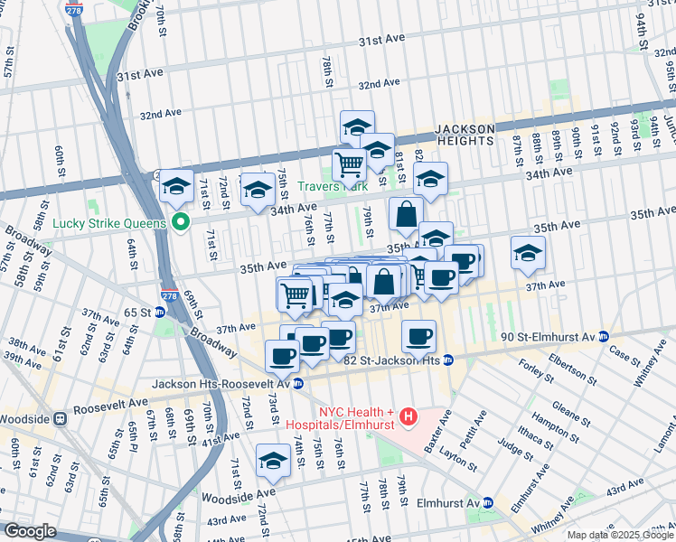 map of restaurants, bars, coffee shops, grocery stores, and more near 35-24 78th Street in Queens