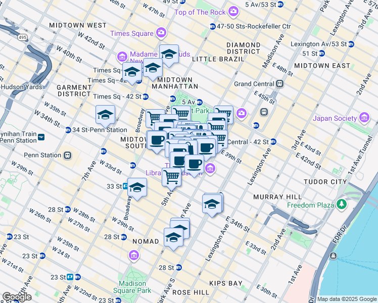 map of restaurants, bars, coffee shops, grocery stores, and more near in New York