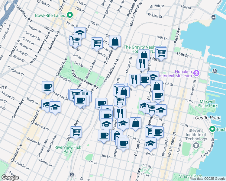 map of restaurants, bars, coffee shops, grocery stores, and more near 1060 Monroe Street in Hoboken