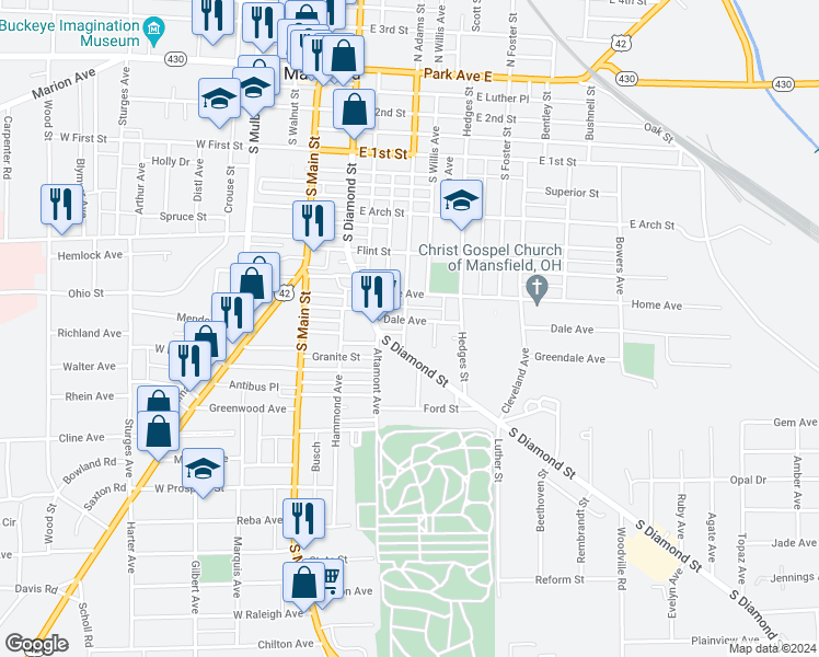 map of restaurants, bars, coffee shops, grocery stores, and more near 273 South Adams Street in Mansfield