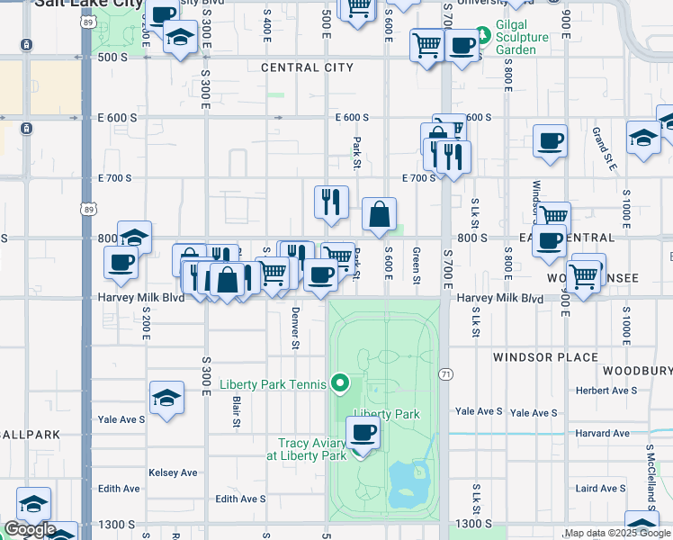 map of restaurants, bars, coffee shops, grocery stores, and more near 860 Park Street in Salt Lake City