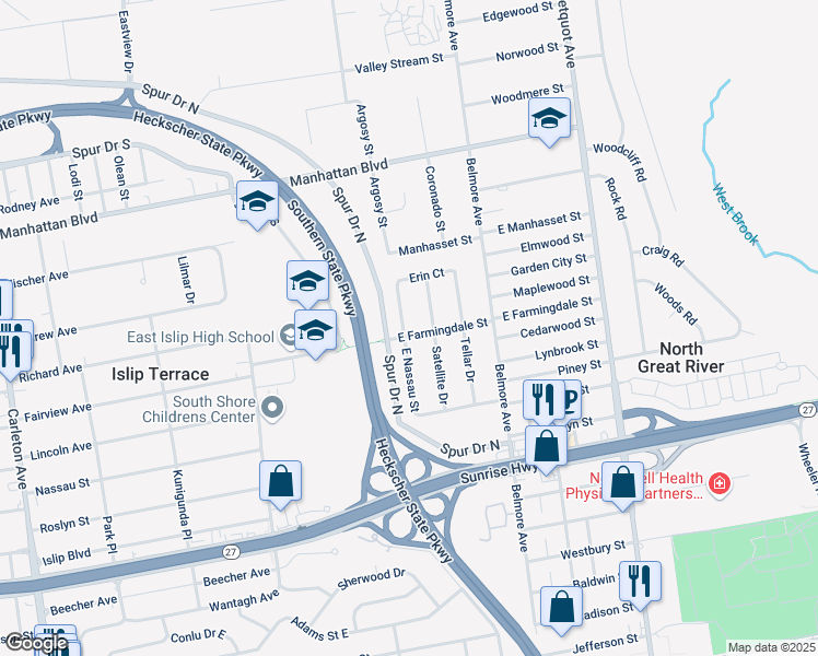 map of restaurants, bars, coffee shops, grocery stores, and more near 159 East Farmingdale Street in Islip Terrace