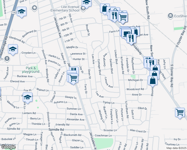 map of restaurants, bars, coffee shops, grocery stores, and more near 189 Lee Avenue in Hicksville