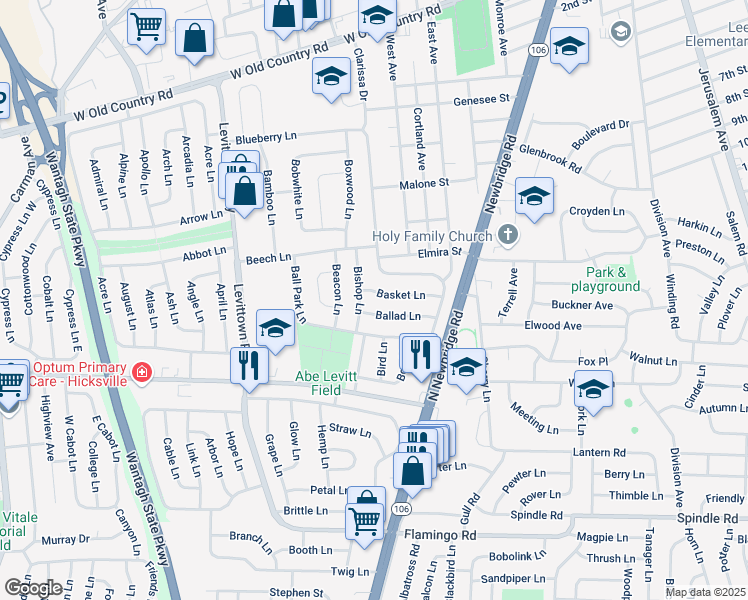 map of restaurants, bars, coffee shops, grocery stores, and more near 9 Ballad Lane in Hicksville