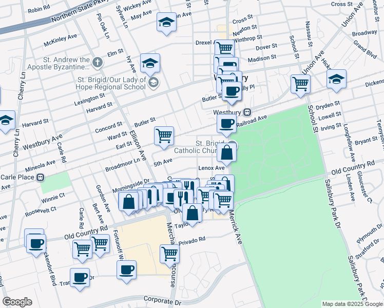 map of restaurants, bars, coffee shops, grocery stores, and more near 34 5th Avenue in Westbury